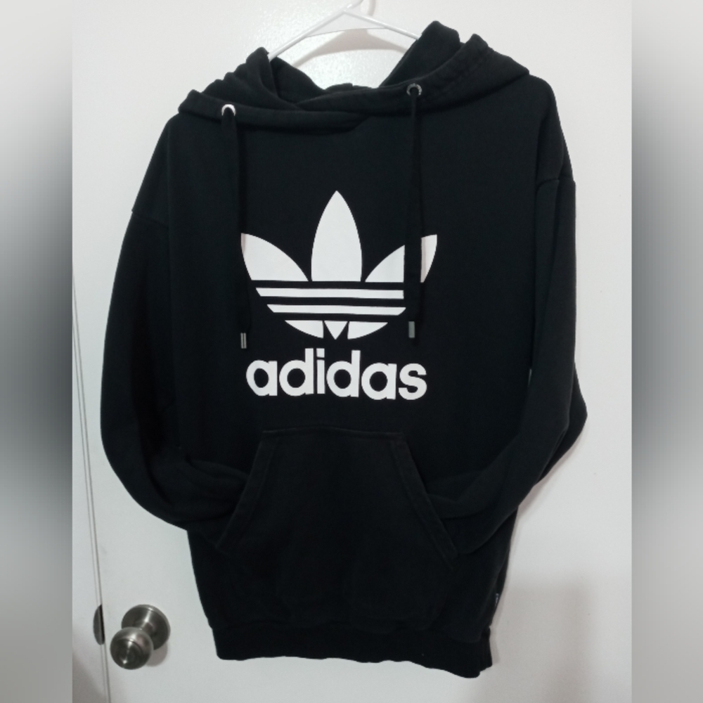Adidas large logo long sleeve pullover Black fleece hoodie kangaroo pocket M